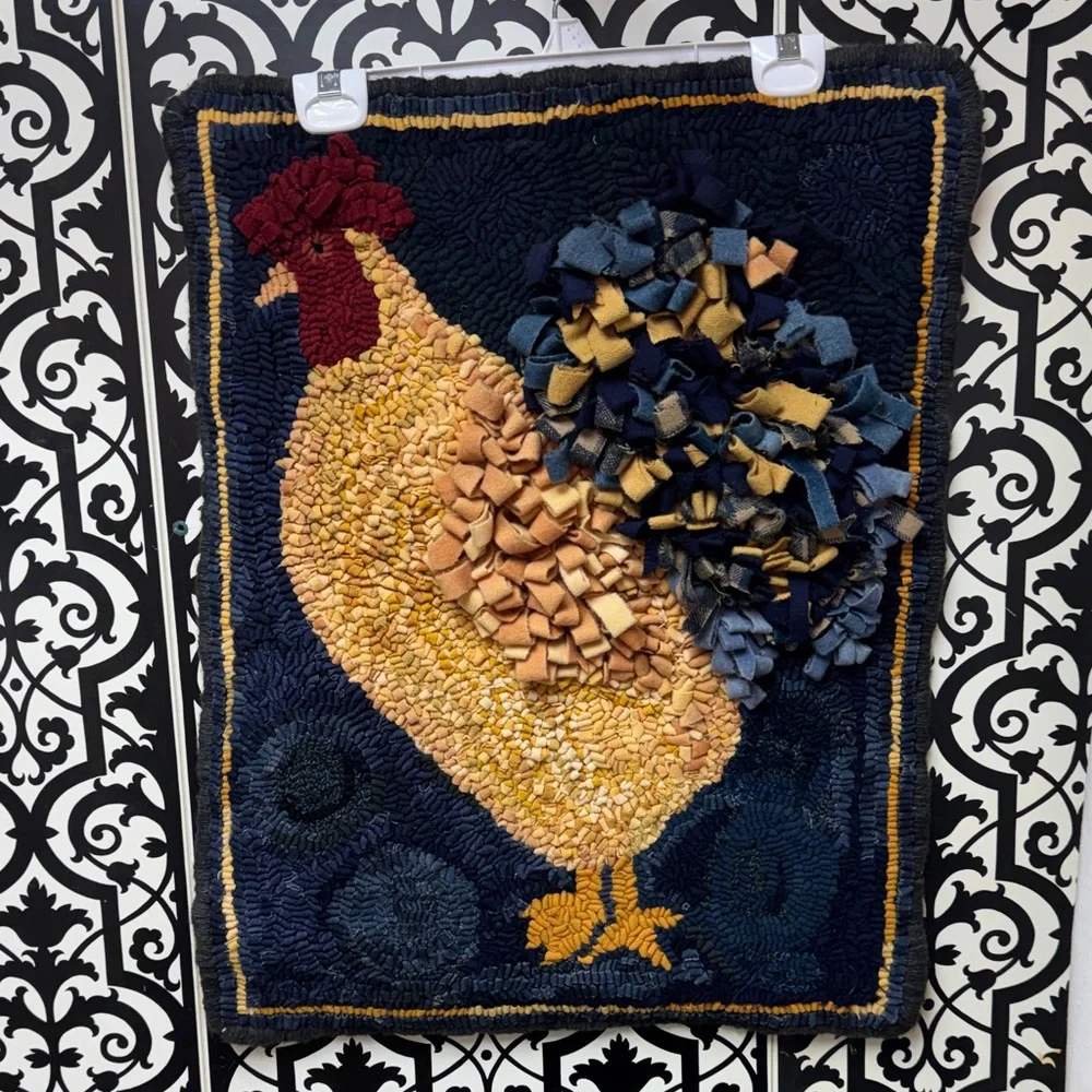 Handmade Rooster Primitive Wool Hooked Wall Hanging in Navy and Mustard